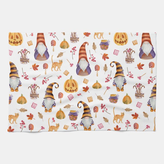 Linge De Cuisine Aquarelle mignonne Halloween Gnomes, Citrouille et (Horizontal)