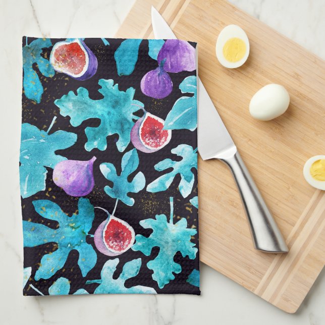 Linge De Cuisine Aquarelle moderne Figues Fruit sur noir (Quart Plié)