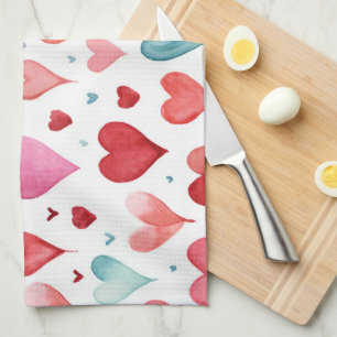 Linge De Cuisine Aquarelle moderne Rouge rose bleu Motif de coeur