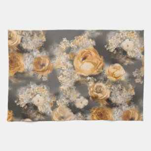 Linge De Cuisine aquarelle monochrome fleurs dorées sur