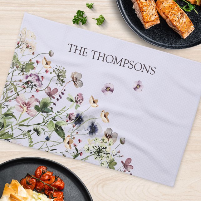 Linge De Cuisine Aquarelle monochrome Fleurs sauvages violets (In situ Kitchen Table)