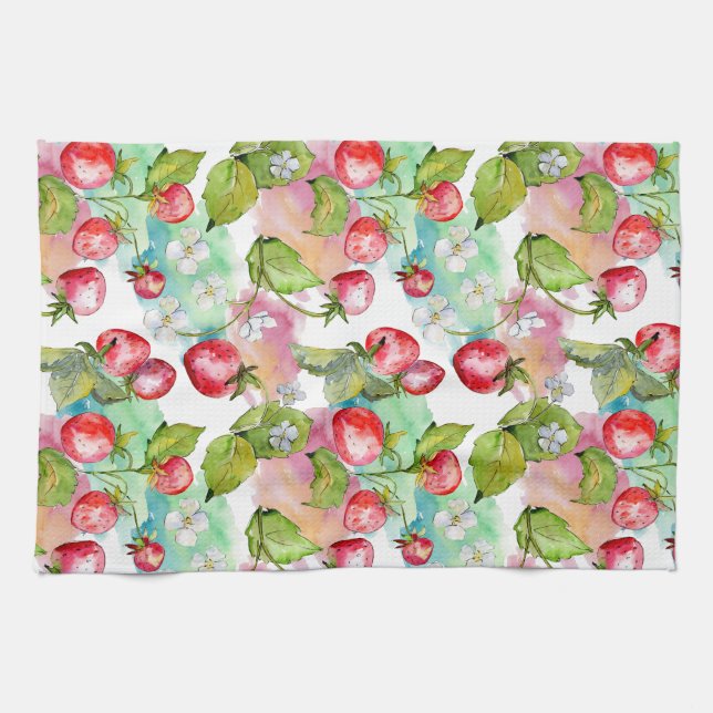 Linge De Cuisine Aquarelle Motif de fraises d'été (Horizontal)