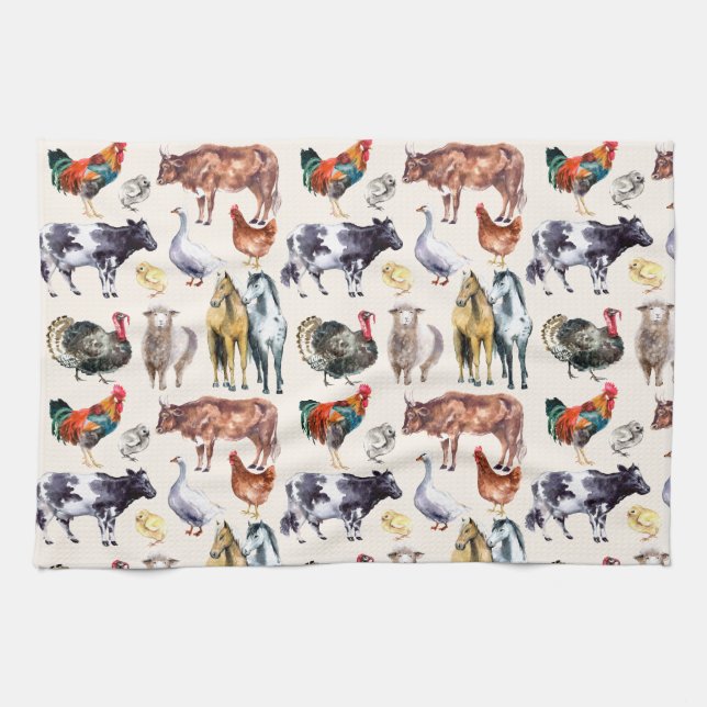 Linge De Cuisine Aquarelle motif des animaux de ferme (Horizontal)