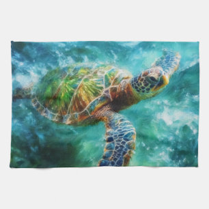 Linge De Cuisine Aquarelle Natation Tortue de mer