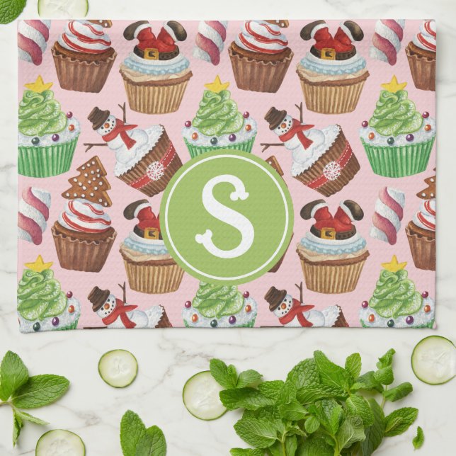 Linge De Cuisine Aquarelle Noël Cupcakes Monogramme (Plié)