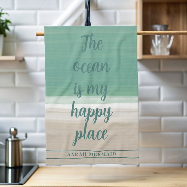 Linge De Cuisine Aquarelle Ocean Beach Yoga Studio Cuisine Serviett (If the ocean is your happy place, add your name to this coastal kitchen towel)