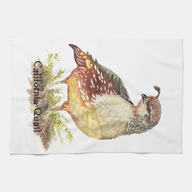 Linge De Cuisine Aquarelle originale California Quail Garden Bird (Horizontal)