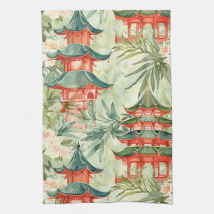 Linge De Cuisine Aquarelle Pagode asiatique dans paysage verdoyant