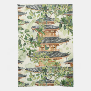 Linge De Cuisine Aquarelle Pagode asiatique dans paysage verdoyant 
