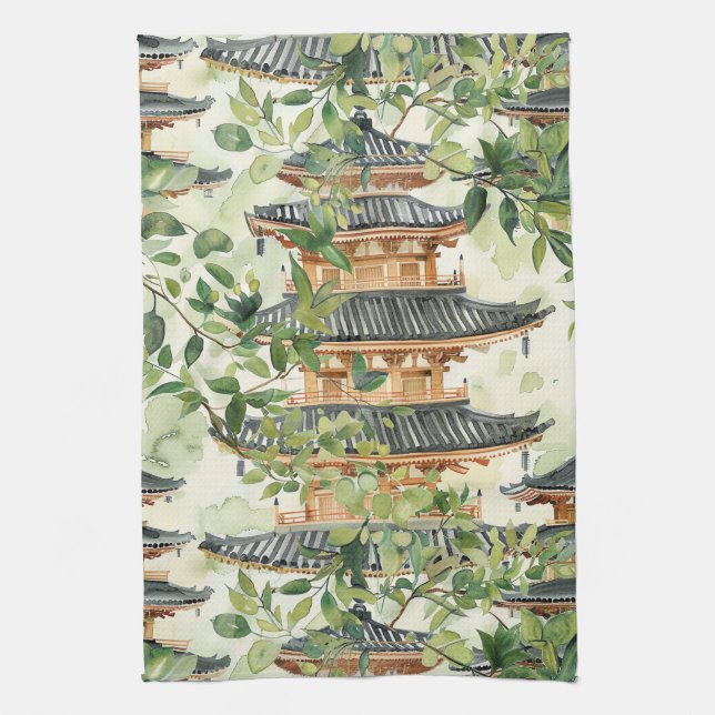 Linge De Cuisine Aquarelle Pagode asiatique dans paysage verdoyant  (Vertical)