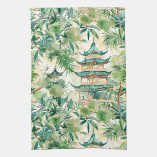 Linge De Cuisine Aquarelle Pagode asiatique dans paysage verdoyant