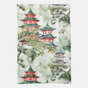 Linge De Cuisine Aquarelle Pagode asiatique dans paysage verdoyant 