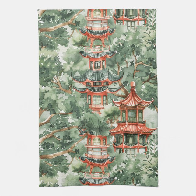 Linge De Cuisine Aquarelle Pagode asiatique dans paysage verdoyant  (Vertical)