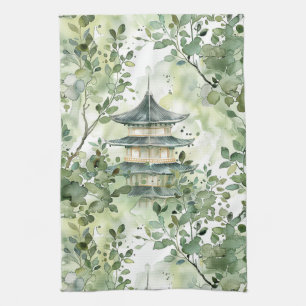 Linge De Cuisine Aquarelle Pagode asiatique dans paysage verdoyant 