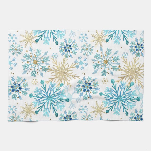 Linge De Cuisine Aquarelle Parties scintillant bleue et or Flammes  (Horizontal)