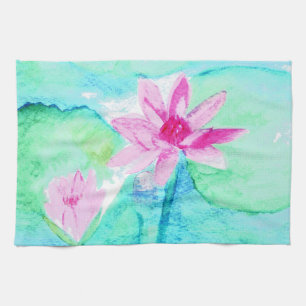 Linge De Cuisine Aquarelle Pastel Rose Lotus Fleurs