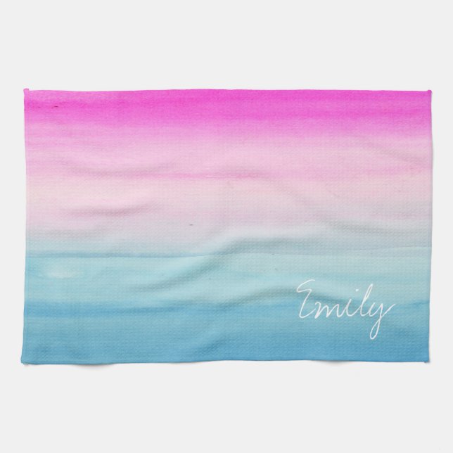 Linge De Cuisine Aquarelle rose et bleue d'Ombre personnalisée (Horizontal)