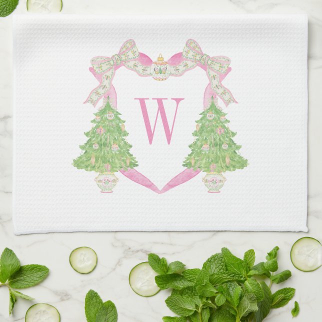 Linge De Cuisine Aquarelle rose et vert Noël Monogramme Crest (Plié)