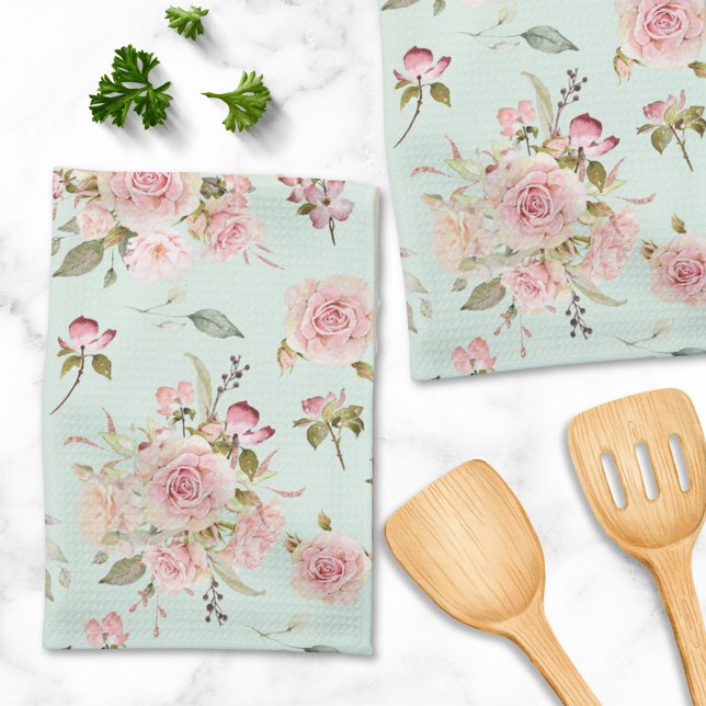 Linge De Cuisine Aquarelle Rose Fleurs Motif Floral (In situ)