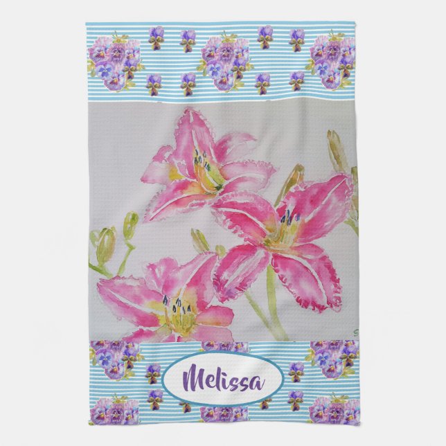 Linge De Cuisine Aquarelle rose Lily Fleur Floral Dames Nom  (Vertical)