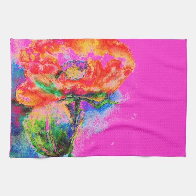 Linge De Cuisine aquarelle rouge Abstraite peinture florale (Horizontal)