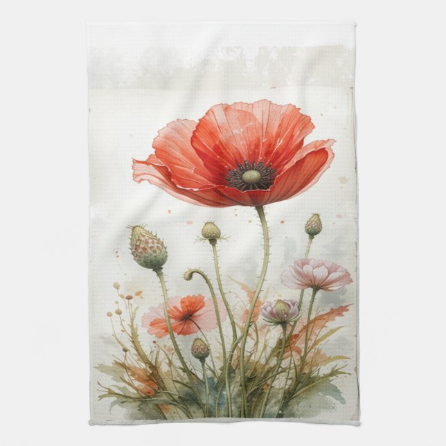 Linge De Cuisine Aquarelle Rouge Jardin Fleur Poppy Floral (Vertical)