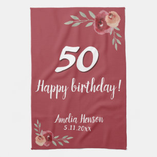 Linge De Cuisine Aquarelle rouge Rose Floral 50e anniversaire