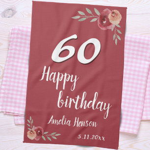 Linge De Cuisine Aquarelle rouge Rose Floral 60e anniversaire