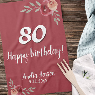 Linge De Cuisine Aquarelle rouge Rose Floral 80e anniversaire