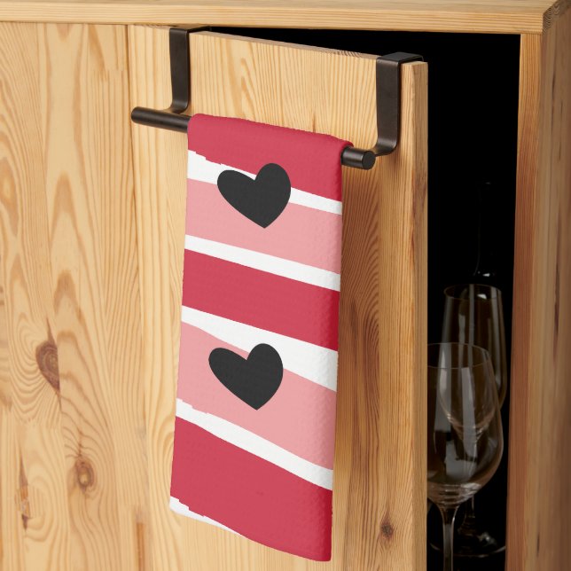 Linge De Cuisine Aquarelle Rouge rose rayures Motif Coeurs noirs (Pliage en tiers)