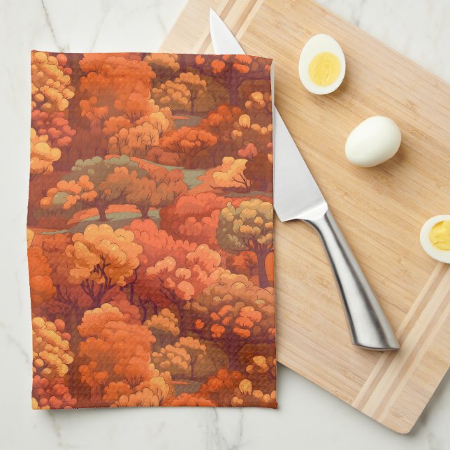 Linge De Cuisine Aquarelle rustique chaude arbres automnaux | Boho  (Quart Plié)