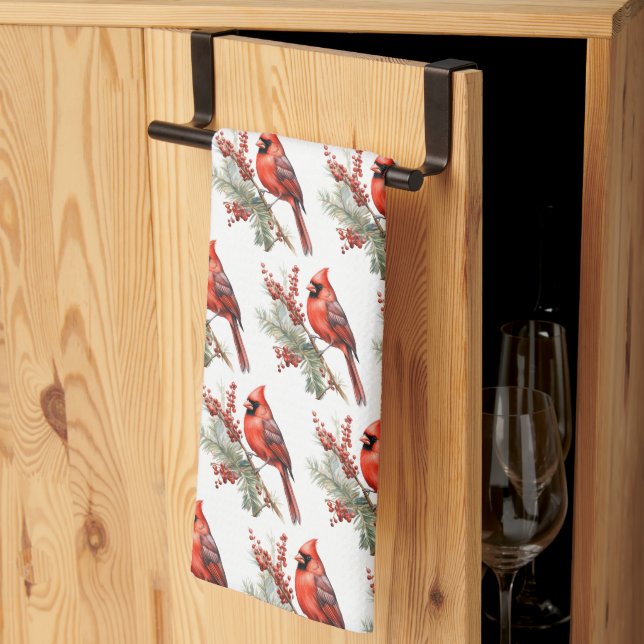 Linge De Cuisine Aquarelle rustique Hiver Cardinal Holly Branche (Pliage en tiers)