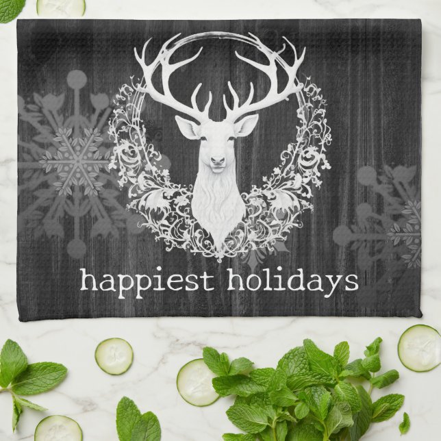 Linge De Cuisine Aquarelle rustique renne blanc (Plié)