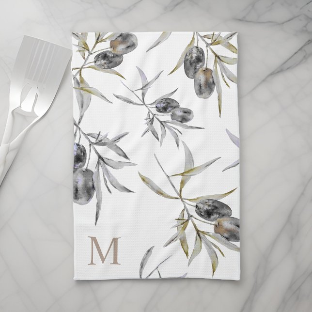 Linge De Cuisine Aquarelle rustique toscane Monogramme de Branche d (Créateur téléchargé)