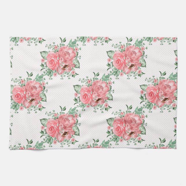Linge De Cuisine Aquarelle Shabby Chic Rose Roses et Pois (Horizontal)