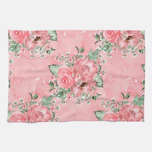 Linge De Cuisine Aquarelle Shabby Chic Roses Roses et Points Roses (Horizontal)