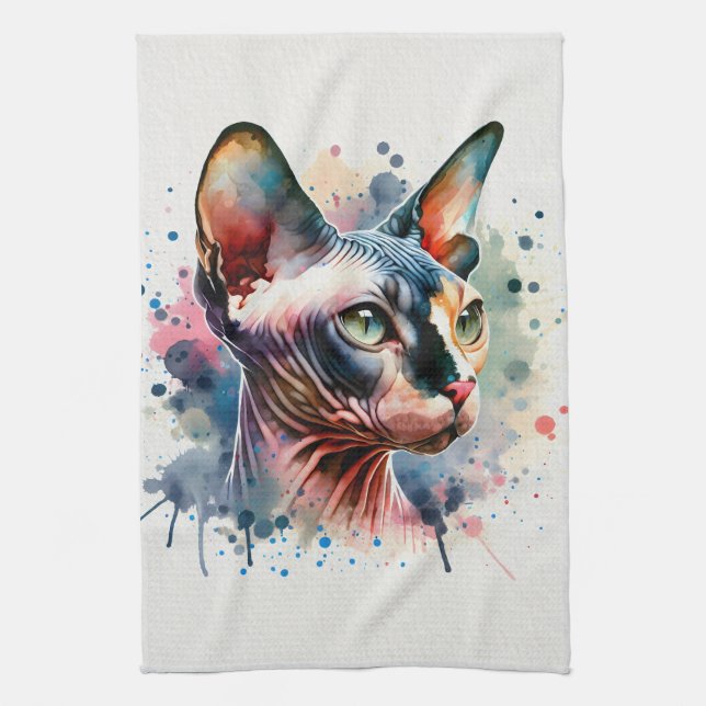 Linge De Cuisine Aquarelle Sphynx Chat Portrait Artistique (Vertical)
