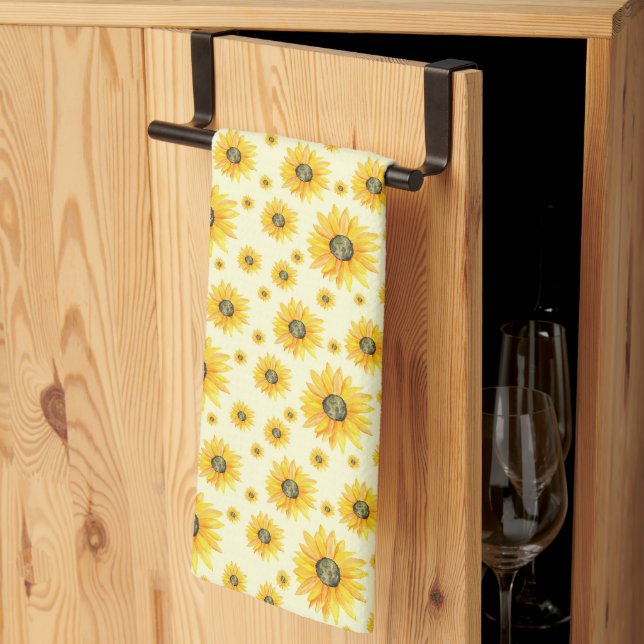 Linge De Cuisine Aquarelle Tournesols motifs floraux (Pliage en tiers)