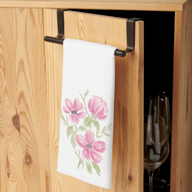 Linge De Cuisine Aquarelle Triple Fleurs roses (Pliage en tiers)