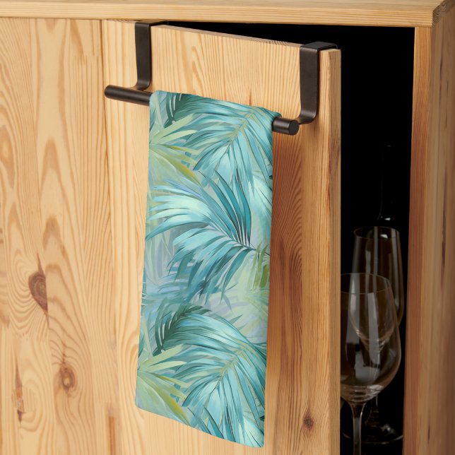 Linge De Cuisine Aquarelle Tropical Blue Palm Leaf (Pliage en tiers)