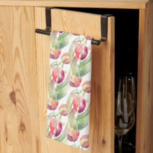 Linge De Cuisine Aquarelle Tulipes Rouges Vintage Prairie Pâques