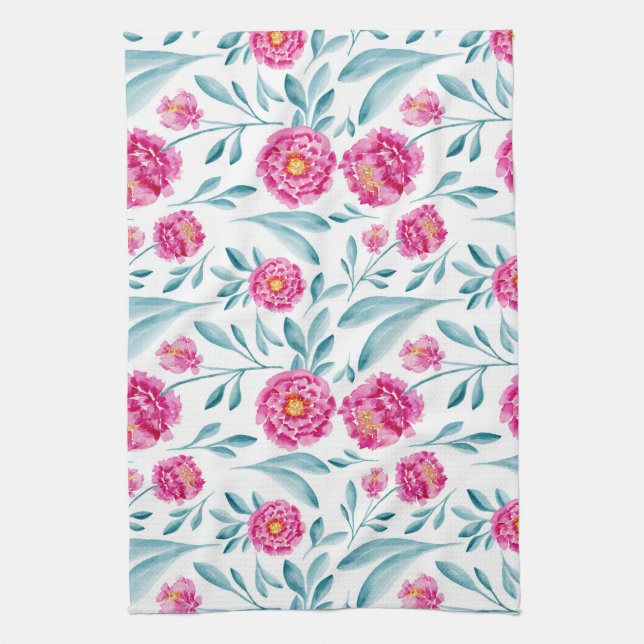 Linge De Cuisine Aquarelle Turquoise rose vif Motif Floral été (Vertical)