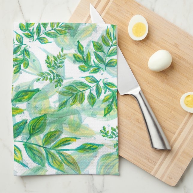 Linge De Cuisine Aquarelle Vert Et Jaune Feuilles (Quart Plié)