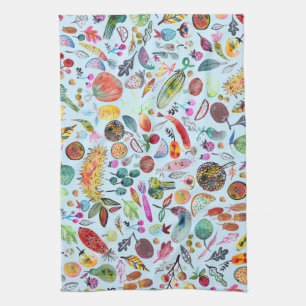 Linge De Cuisine Aquarelle Whimsical colorée Fruits Légume Bleu