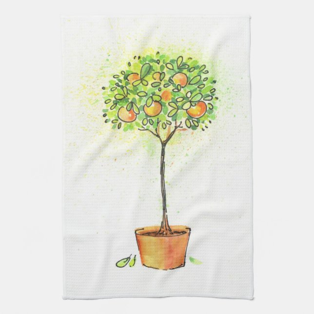 Linge De Cuisine Arbre d'agrume peint d'aquarelle dans le pot (Vertical)