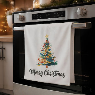Linge De Cuisine Arbre de Noël à l'aquarelle abstrait Joyeux Noël