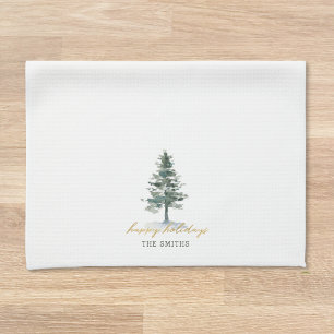 Linge De Cuisine Arbre de Noël à l'aquarelle Nom de famille