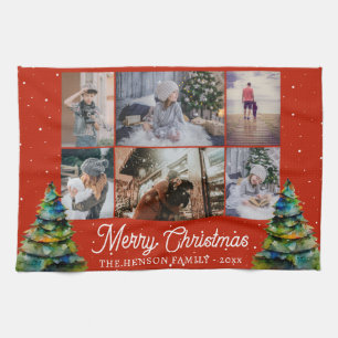 Linge De Cuisine Arbre de Noël Aquarelle Famille 6 Photo Collage
