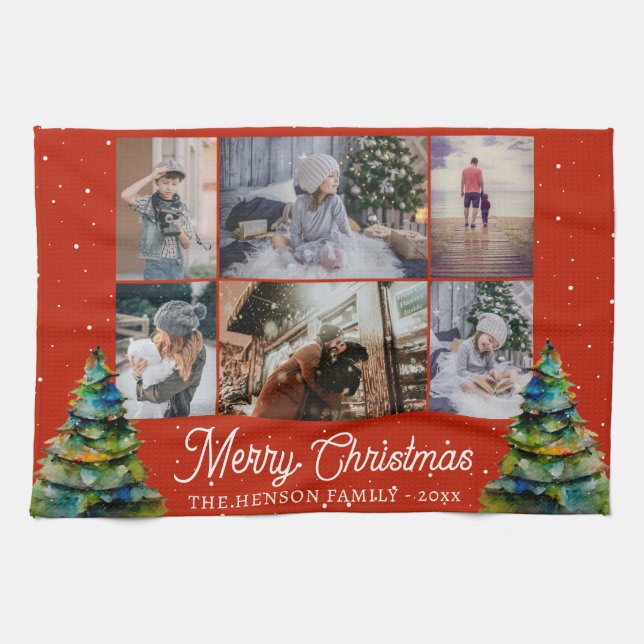 Linge De Cuisine Arbre de Noël Aquarelle Famille 6 Photo Collage (Horizontal)