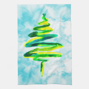 Linge De Cuisine Arbre de Noël bleu Aquarelle abstraite Cuisine